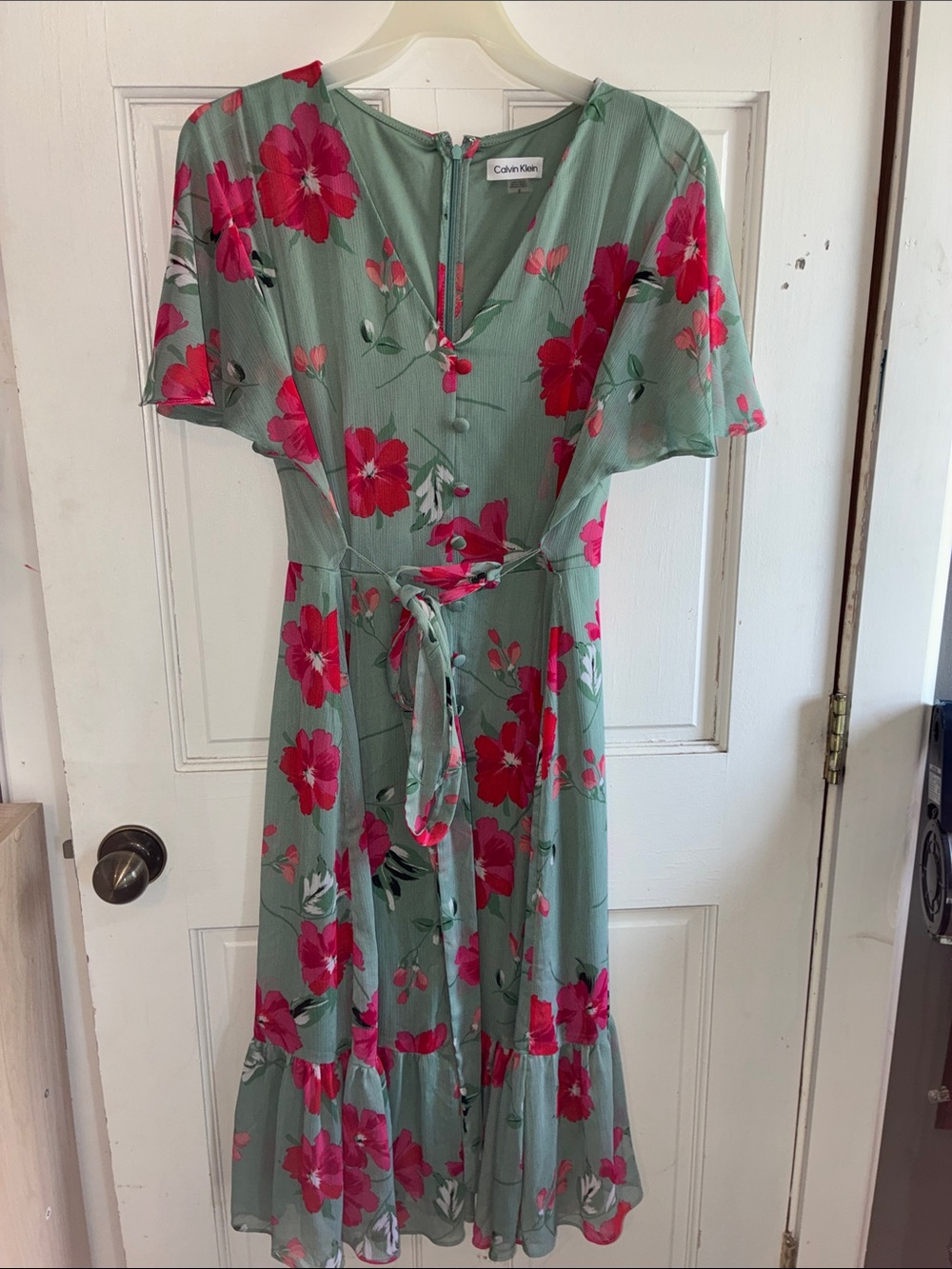 Calvin Klein Sage Green Midi Dress with Bright Pink Floral Print